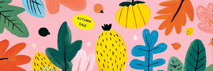 Bright colors create a playful atmosphere for an autumn sale event, showcasing whimsical flowers, fruits, and foliage arranged on a lively background. Perfect for seasonal promotions