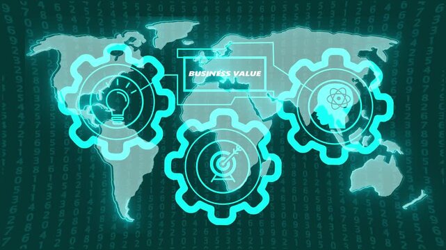 Global Business Value Network Connecting World Map with Digital Gears and Data Streams video