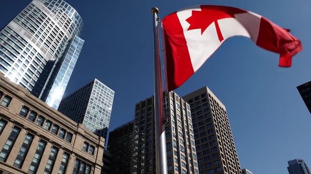 Flag of Canada Displayed Before Commercial Structures and Historic High-Rise Edifices