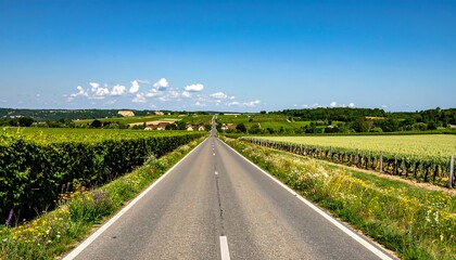 Naklejka premium Straight road through vineyards under a clear sky