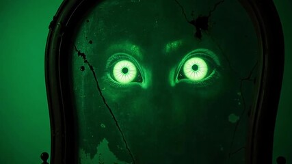 Mysterious glowing eyes within a cracked antique mirror against a vibrant green backdrop, evoking suspense and intrigue - Powered by Adobe