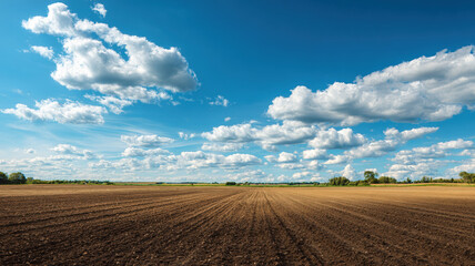 Fototapeta premium Vast plowed agricultural field with parallel furrows under bright blue sky with fluffy white clouds