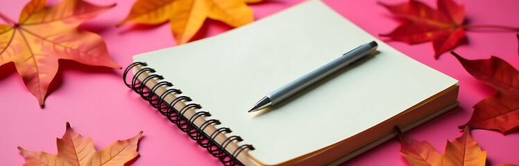 worn spiral notebook resting bright pink desk surrounded vibrant orange crimson hues fallen autumn leaves