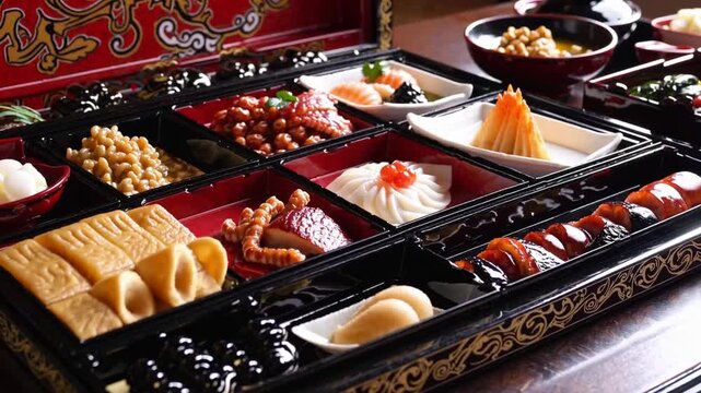 Traditional Japanese culinary preparations for the new year celebration presented in customary lacquered containers