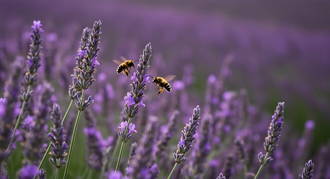 Bees pollinating lavender flowers in a field.