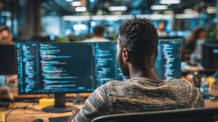 Software developer programming on multiple monitors with blue code display in modern office environment