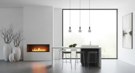 Modern minimalist living room with a sleek fireplace and contemporary kitchen island