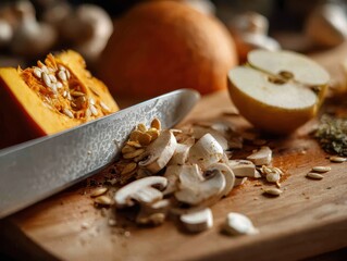 Fototapeta premium Autumn Harvest Ingredients Knife, Pumpkin, Mushrooms, Apple on Cutting Board for Culinary Creations
