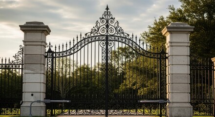 Ornate black wrought iron estate entrance gate with tall stone pillars