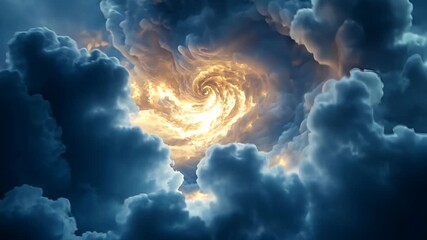 A swirling vortex of golden light shines through dark blue storm clouds. - Powered by Adobe