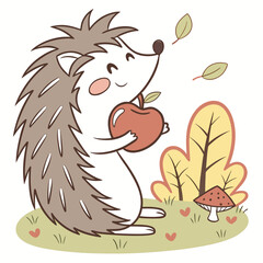 Cute Hedgehog Enjoying an Apple | Autumn Nature Illustration