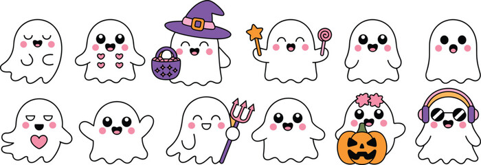 Cute cartoon illustration of 12 kawaii ghost characters, Halloween clipart collection, adorable spooky expressions, funny costume elements, festive art