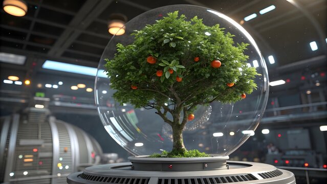 Futuristic Floating Fruit Tree Inside Crystal Ball - Powered by Adobe