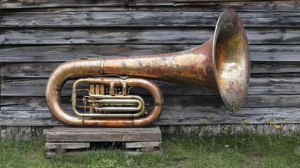 An old brass tuba, with a weathered and rusted finish, sits against a weathered wooden wall. The tuba is positioned on a wooden crate,