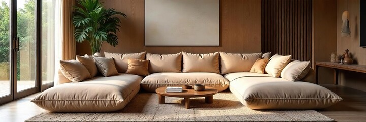 Luxurious living room featuring a plush, oversized floor cushion arrangement perfect for relaxation and modern design Ideal for cozy evenings and stylish home decor , living room, Scandinavian