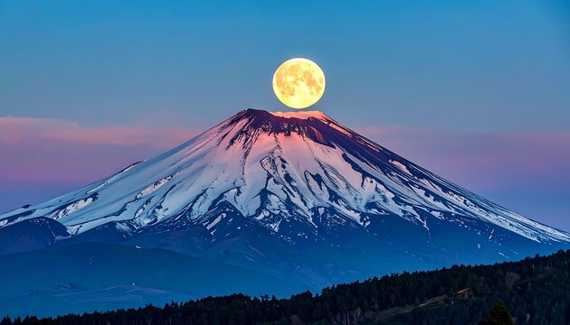 Majestic snow-capped mountain peak, touched by a brilliant full moon, against a tranquil twilight sky.