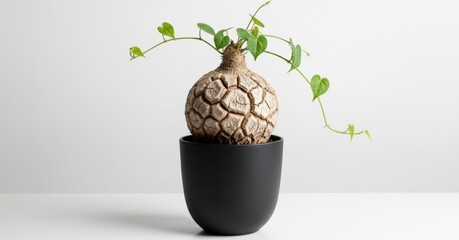 Unique desert plant bulb with delicate green leaves in a modern black pot on a clean surface