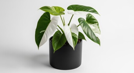 Striking variegated monstera albo plant in a sleek black pot indoors