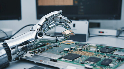 Close-up of robotic hand placing a chip into a motherboard. Ai generated.