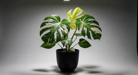 Beautiful variegated monstera deliciosa swiss cheese plant in a black pot with dramatic lighting