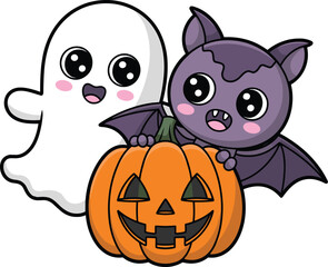 Cute Halloween ghost with bat and pumpkin, cartoon spooky characters, fall leaves background, fun kids Halloween illustration, festive clipart