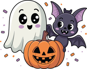 Cute Halloween ghost with bat and pumpkin, cartoon spooky characters, fall leaves background, fun kids Halloween illustration, festive clipart