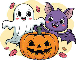 Cute Halloween ghost with bat and pumpkin, cartoon spooky characters, fall leaves background, fun kids Halloween illustration, festive clipart