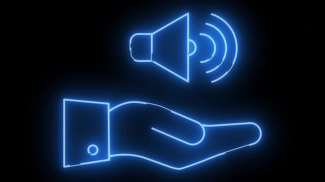 hand icon carrying speaker icon with neon effect