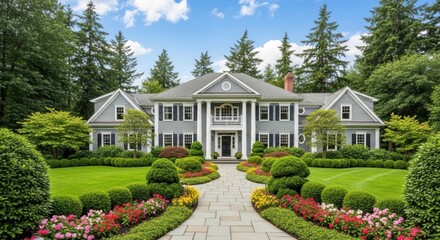 Elegant gray colonial mansion with lush landscaping and a welcoming stone pathway