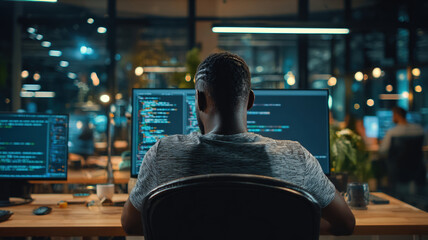 Night programmer working on multiple code monitors with illuminated city skyline view through office windows