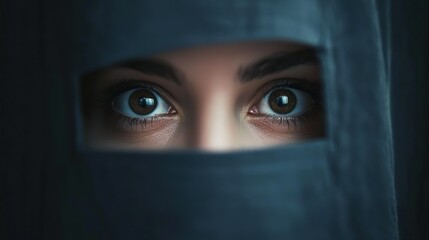 Naklejka premium A woman wearing a black niqab, her eyes hidden behind the veil, looking directly at the camera with a serious expression.