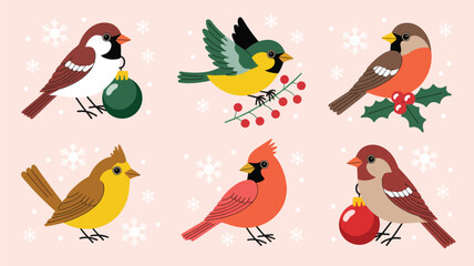 Fototapeta premium Six Cute Birds Celebrating the Holidays in a Whimsical Illustration