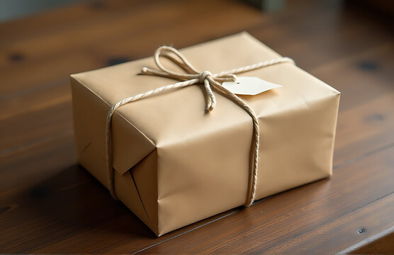 brown kraft paper package centered wooden table white return tab string tied gentle bow lit soft overhead