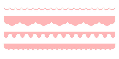 Seamless pink Y2K scalloped borders. Cute pastel lace ribbons and frill edge ornaments. Retro girly vintage vector pattern design isolated on white background illustration
