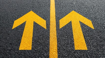 Two yellow arrows on a textured asphalt surface, indicating directions for vehicles to proceed.
