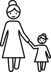 Happy mother and child walking together holding hands simple line art icon represents family bonding and childhood joy vector