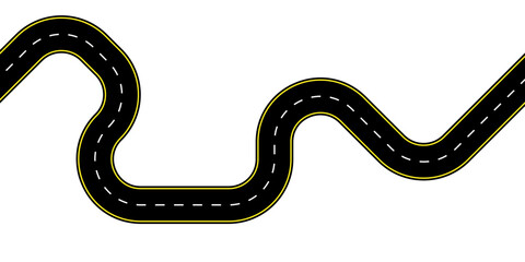 Top view illustration of a curved highway with dashed center lines and wavy asphalt texture winding path perfect for transport maps route graphics and empty lane backgrounds