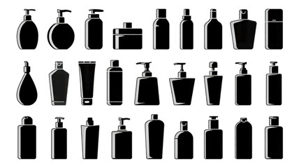 Fototapeta premium Collection of black and white cosmetic bottles and containers for beauty and skincare product mockups templates presentation