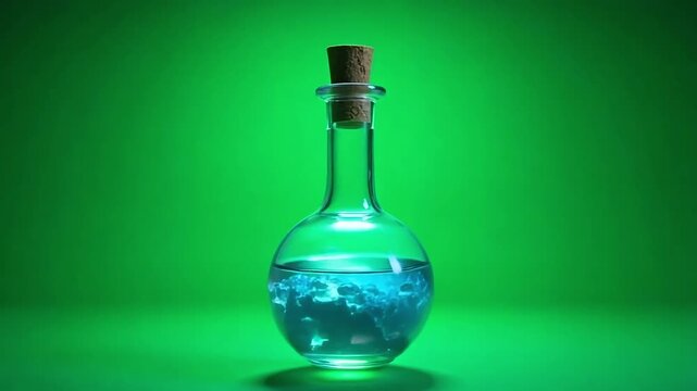 Mysterious potion swirling inside glass bottle, emerald green backdrop creating a captivating visual with dynamic movement, concept for magic, science, and fantasy