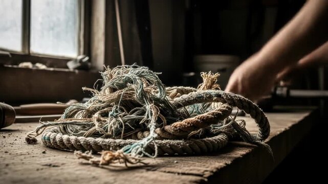 Hands tangle with nautical ropes in sunlit workshop scene