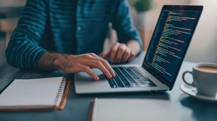 A person types on a laptop displaying code, surrounded by a notebook and a cup of coffee, creating a productive work environment.