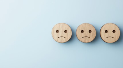 Three wooden sad face emojis on a light blue background, symbolizing negative emotions or dissatisfaction.