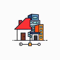 An illustrative icon blending a traditional house and modern city buildings, connected by a digital network line, symbolizing property ownership and urban development.