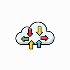 Obraz premium A vibrant cartoon icon illustrates the dynamic flow of data, with colorful arrows indicating both upload and download processes within a cloud computing network.