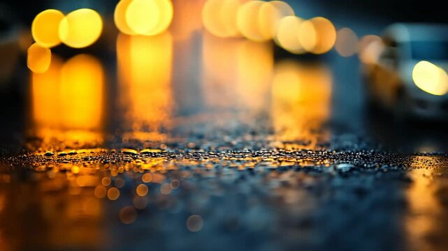Low angle static shot: Wet asphalt road at night with blurred car lights in the background.