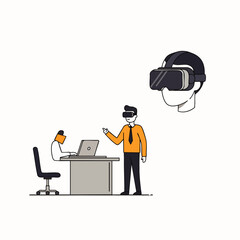 A businessman engages with immersive virtual reality technology, exploring futuristic digital interfaces and augmented reality experiences in a modern office environment.