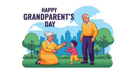 Flat style illustration of grandparents with grandchild outdoors, featuring Happy Grandparent’s Day text, symbolizing family love, bonding, and celebration of this special holiday