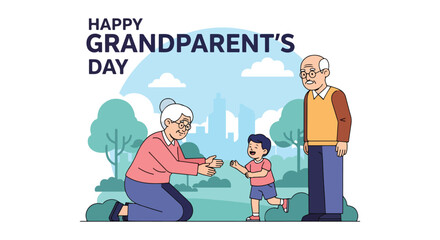 Flat style illustration of grandparents with grandchild outdoors, featuring Happy Grandparent’s Day text, symbolizing family love, bonding, and celebration of this special holiday