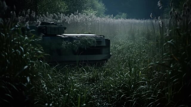 Camouflaged tank vehicle hiding in tall grass outdoors in nature environment, military armed force, war machine, woodland landscape.