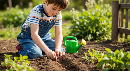 Young child planting seeds in garden soil teaching environmental responsibility
